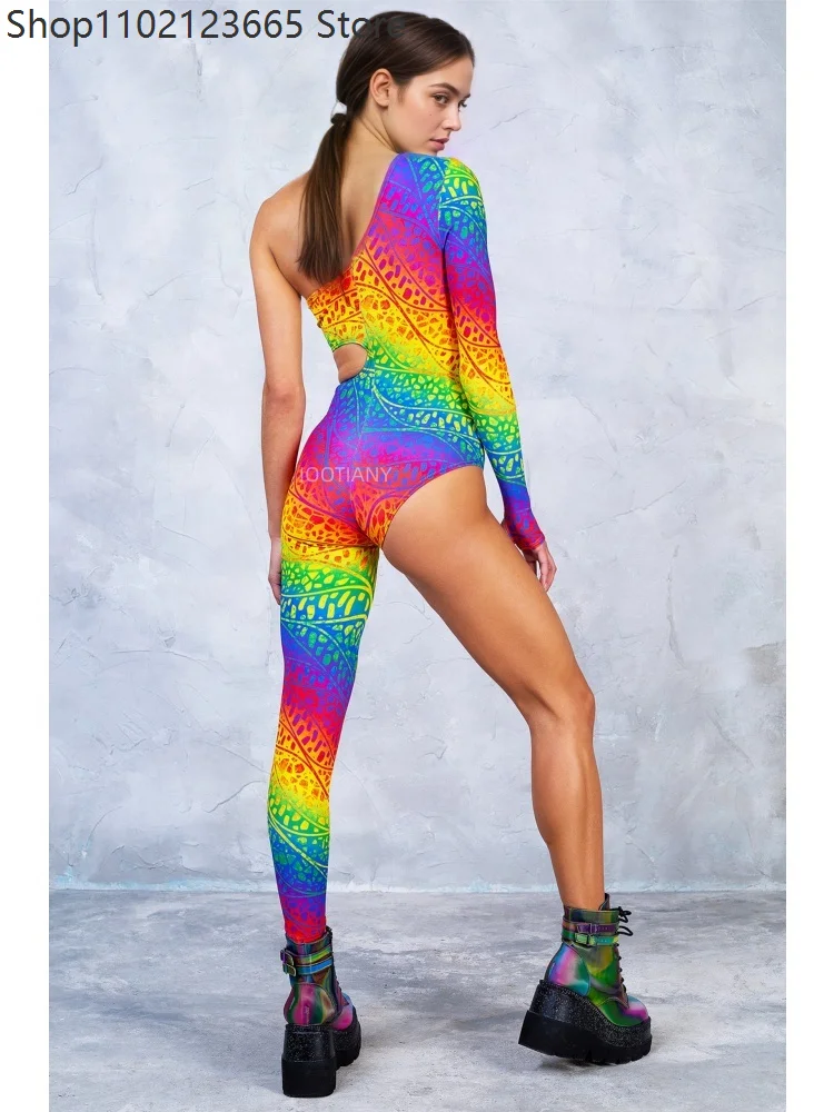 Holiday Art Jumpsuit Halloween Cosplay Women's Rainbow Carnival Bodysuit Leggings Carnival Party Masquerade Ball One-arm Tight view 3