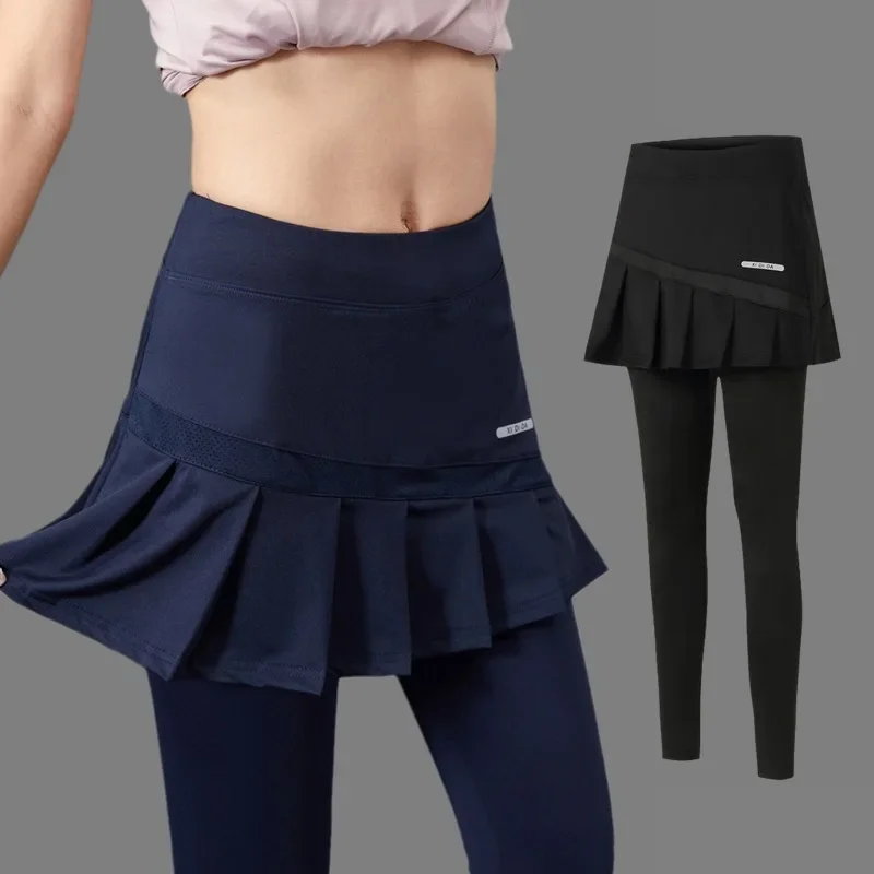 New Plus Size High Waisted Pleated Skirts Pants High Elastic Fabric Fitness Sports Two-piece Tennis Skorts Sportswear Yoga Slim