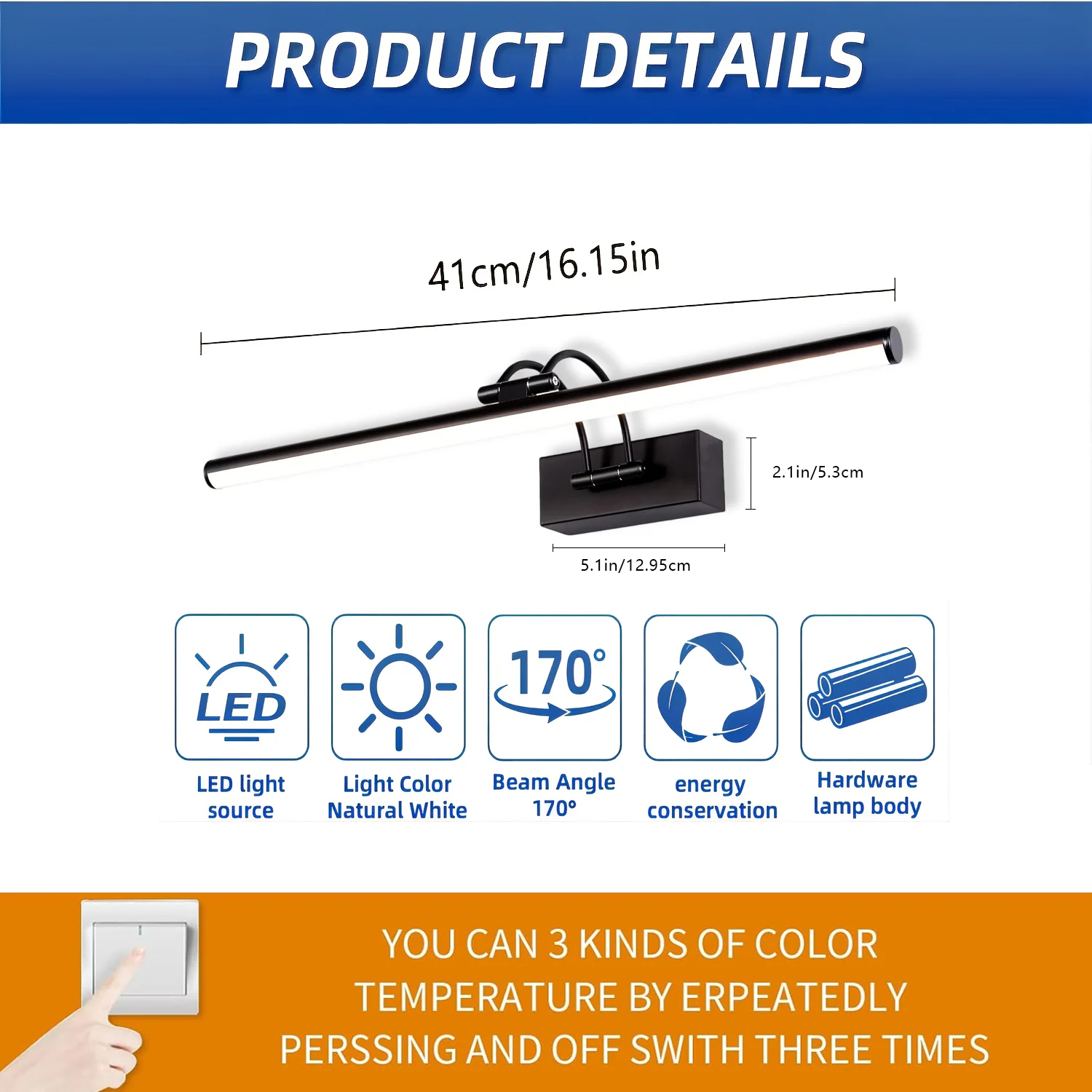 مصباح أمامي بمرآة LED بسيط مقاس 16.2 بوصة (41 سم) باللون الأسود الحديث، مصباح زينة قابل للدوران - للحمام/غرفة الدراسة