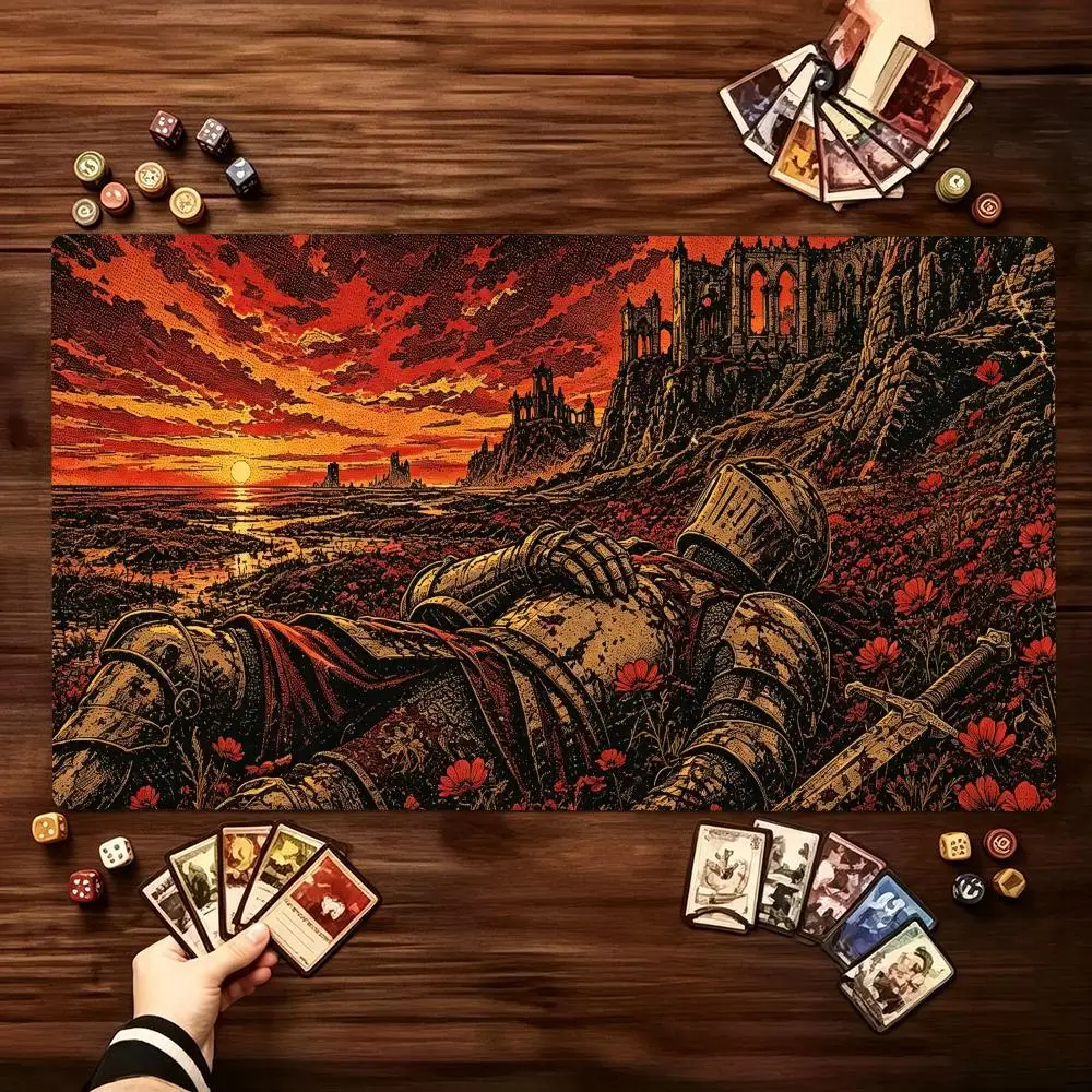 TCG Tabletop Playmat Retro War Castle Sunset Art Print Large Non Slip Rubber Pad Smooth Cloth For Trading Card Table Battles
