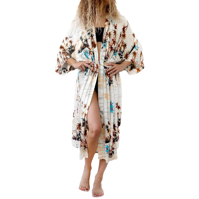 Camicette da spiaggia da donna con foglie stampate, cardigan kimono, lungo fluido, copricostume per ragazze