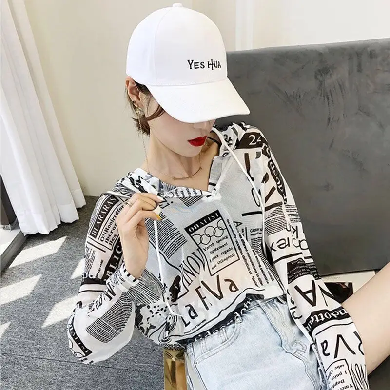 High Street Fashion Letter Printed Blouse Spring Summer New Thin Casual Hooded Drawstring Women\'s Clothing Backless Split Shirt