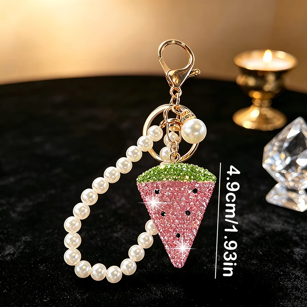 Full-diamond fruit watermelon keychain,Pearl Beaded Wrist Chain,Sweet Girl Style,Car Key Bag Phone Charm,Summer Accessory