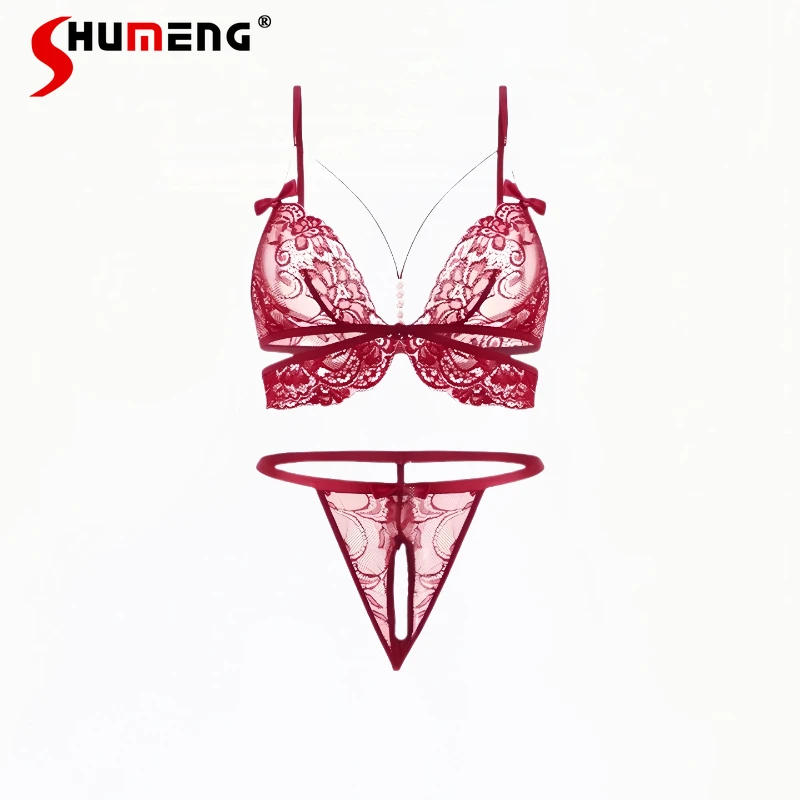 

See Through Lace Date Brief Sets for Women French Style Sexy Push Up Lingerie Female Couple Three Point Pearl Panties Set