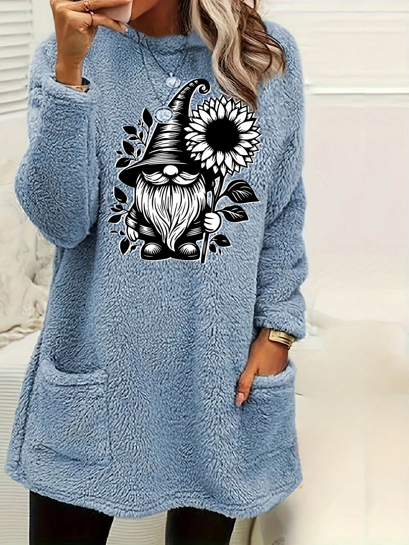 

Plus Size Women Fleece Sweatshirt Funny Cartoon Pattern Printed Round Neck Soft Warm Sweater Casual Winter Long Sleeve Pullovers