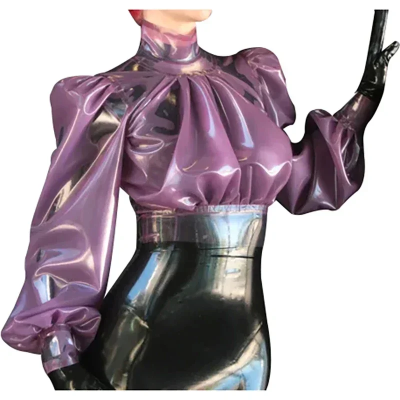 

customized Transparent Purple Sexy Blouses With Puff Long Sleeves Zipper Back Rubber Shirts Clothes Top Frill around Collar