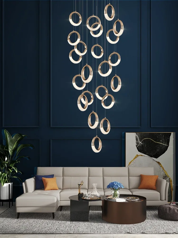 Modern Simple Gold Circle Ring Led Stair Chandelier Acrylic Duplex Building Villa Pendant Light Living Room Lamp Lustre Fixtures