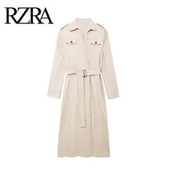 RZRA original women's 2024 autumn and winter new button pocket lapel long sleeve with belt straight windbreaker jacket