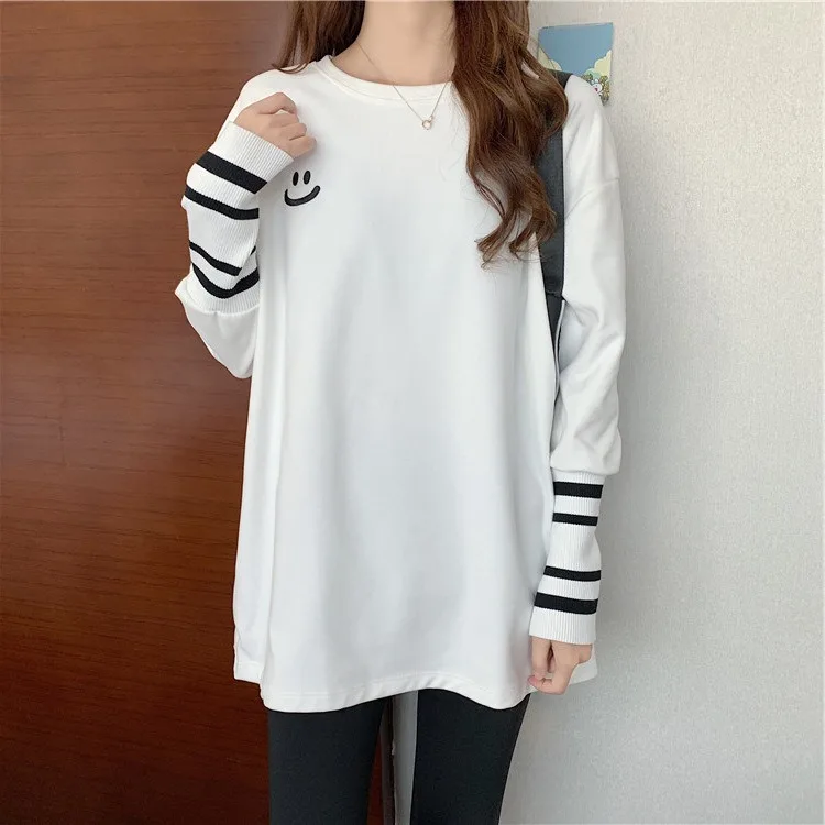 Autumn Women's White Long Sleeve T-Shirt Loose Spliced Sleeve Versatile Outer Wear Basic Undershirt Top for Layering