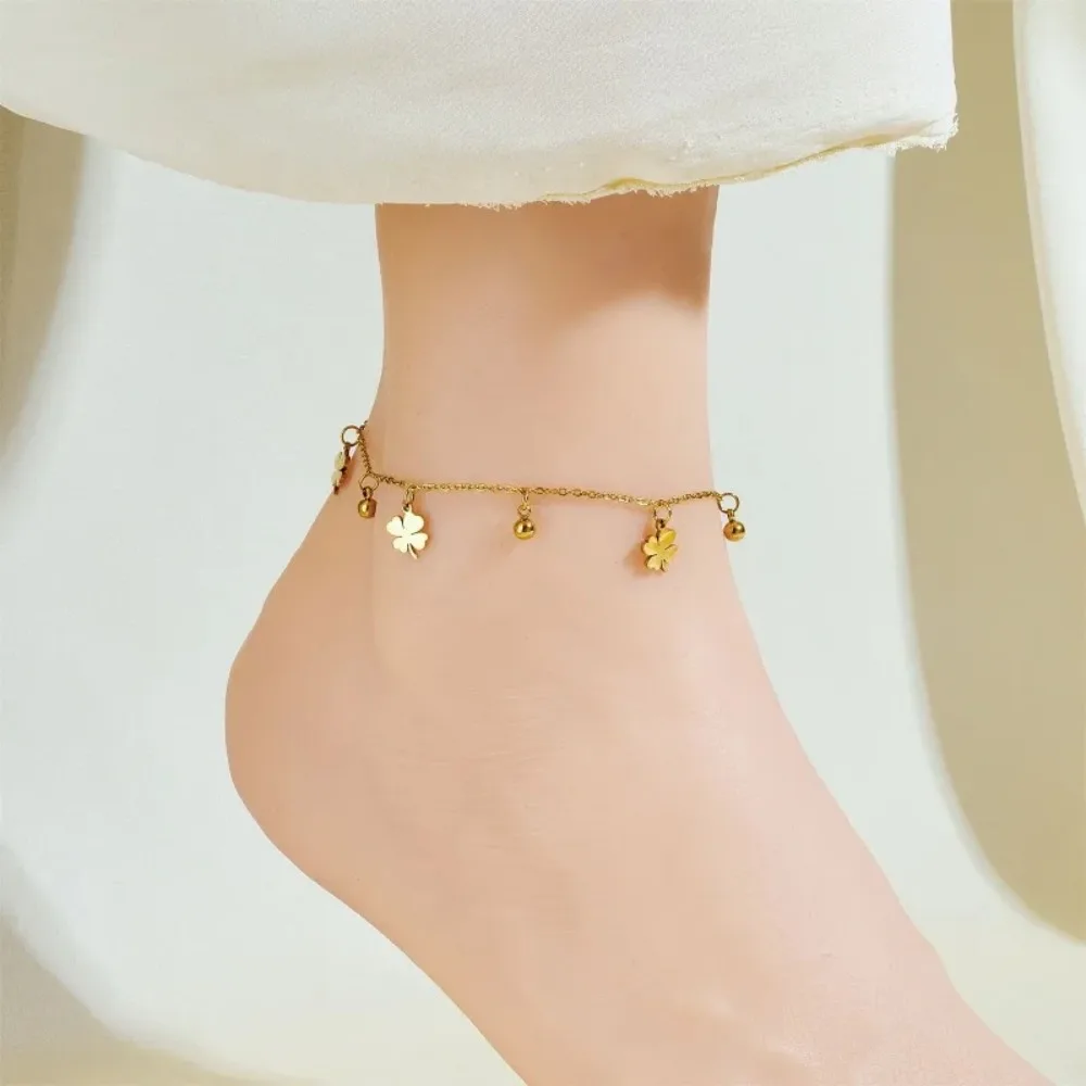 New Sweet Fashion Gold Color Stainless Steel Little Flowers Small Round Beads Pendant Anklets for Woman Korean Jewelry Colorfast