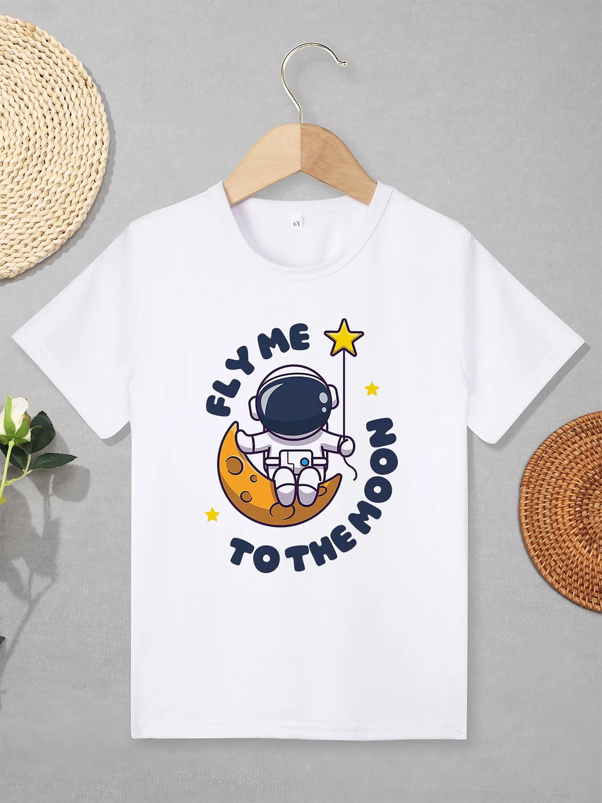 Fly Me To The Moon Stylish T Shirt for Boys Astronaut Pattern Cartoon 2-7 Years Children's Clothes Trend Streetwear Breathable