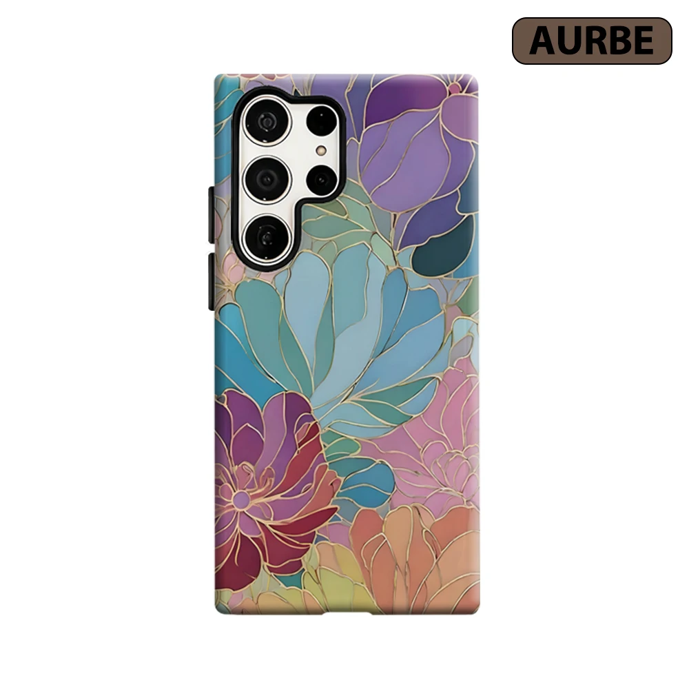 Gilded Floral Mosaic Phone Case for Samsung Galaxy S26 S25 Ultra S24 S23 Ultra Plus Shockproof Double Layer Tough Back Cover
