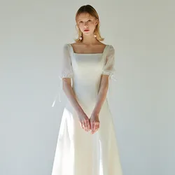 A-line Satin Wedding Dress V-Neck Sheer Back Short-Sleeve Plus Size For Women Princess Robe de Mariee