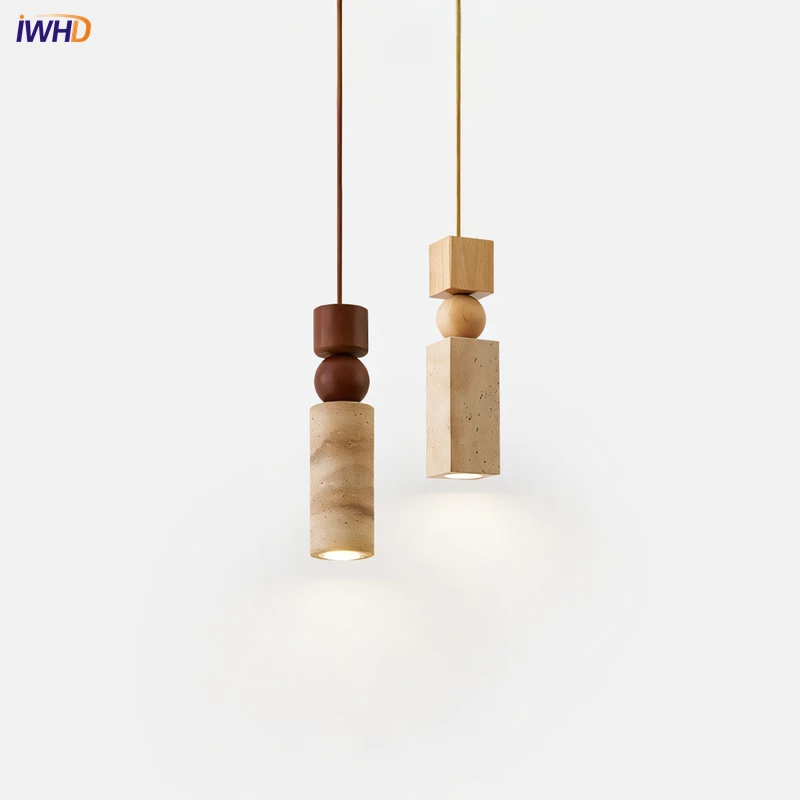

IWHD Japanese Style LED Hanging Lamp Yellow Travertine Restaurant Bedroom Living Room Pendant Lights Fixtures Home Decoration