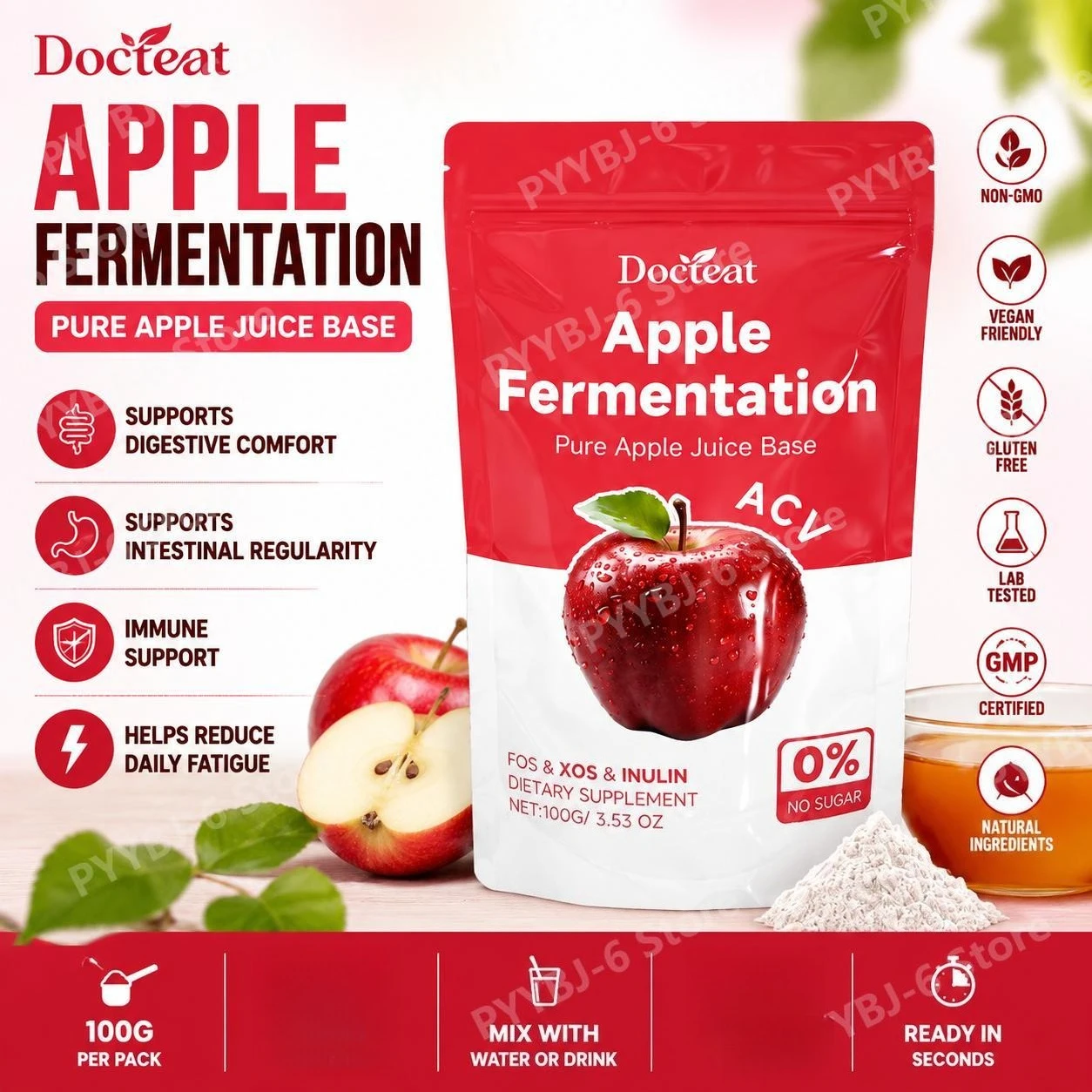 Docteat Vinagre de Sidra de Manzana en Polvo con Inulina, FOS y XOS, Polvo de Corteza de Canela para el Confort Digestivo, 100g Neto, 33 Porciones