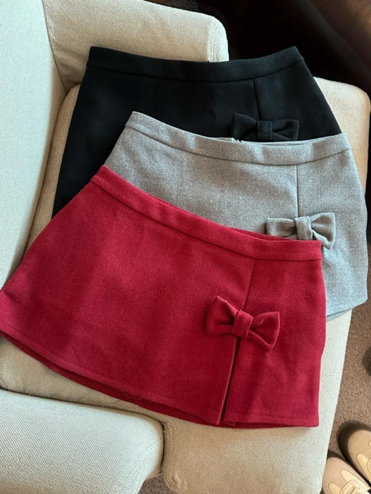 Korean Style High Waist A-Line  Skirt with  Knot Winter Fashion Slimming Woolen Skirts for Women City Walk
