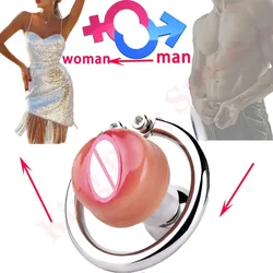 Men Become Women Simulation Vagina Chastity Cage Hollow Urethral Hole Metal Penis Lock Artificial Adult Sex Toys for Man Belt 18