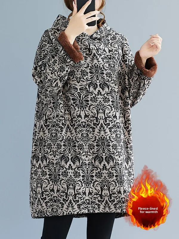 الخريف الشتاء القطن الكتان العرقية طباعة هوديي حجم كبير المرأة منتصف طول فضفاض Fce الدافئة أعلى تخفيف عارضة الكمثرى...