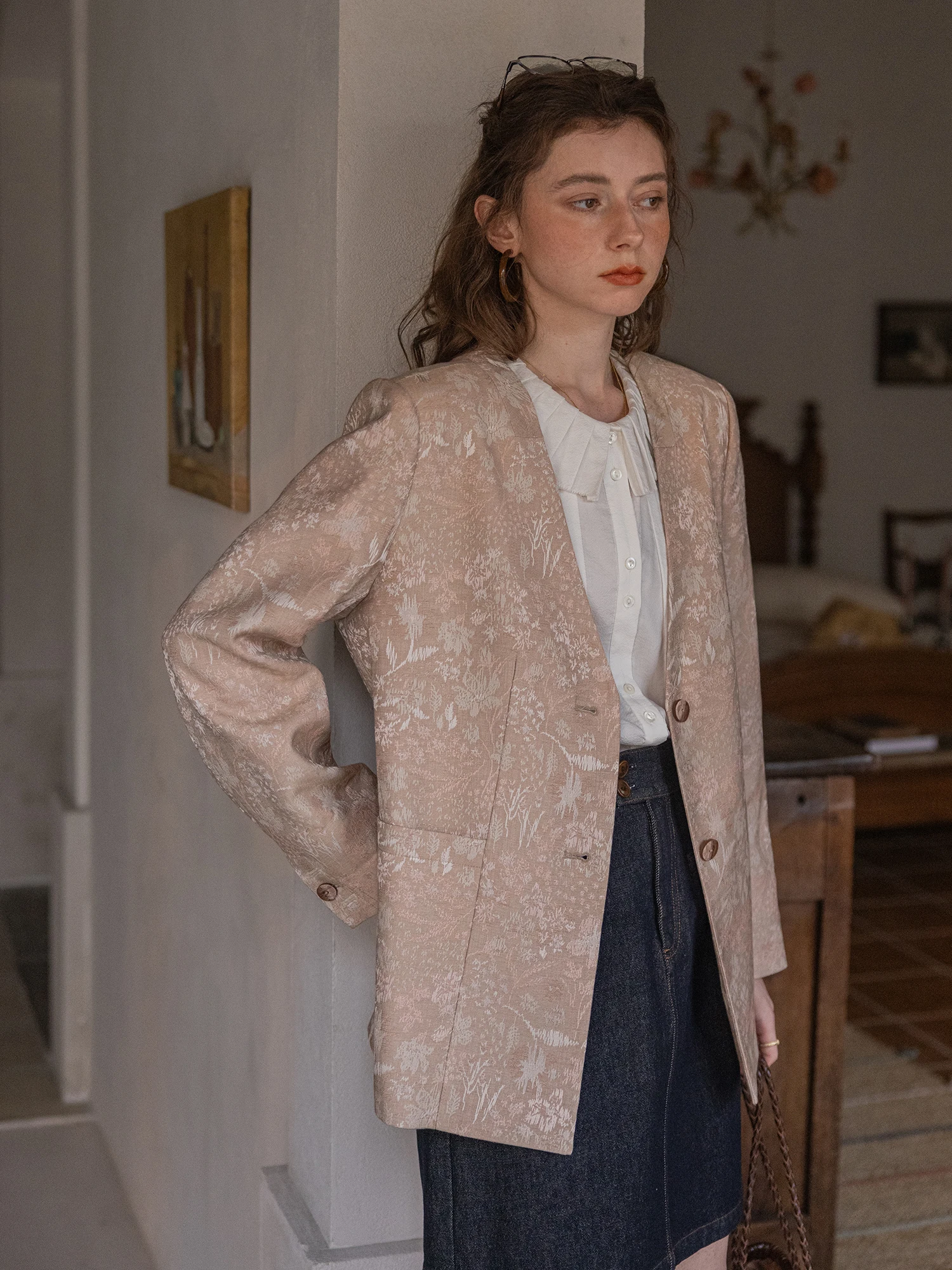 Giacca da Donna Sena Harvest Light Color con Motivo Intrecciato Sottile, Colletto Staccabile, Silhouette Retrò, Primaverile