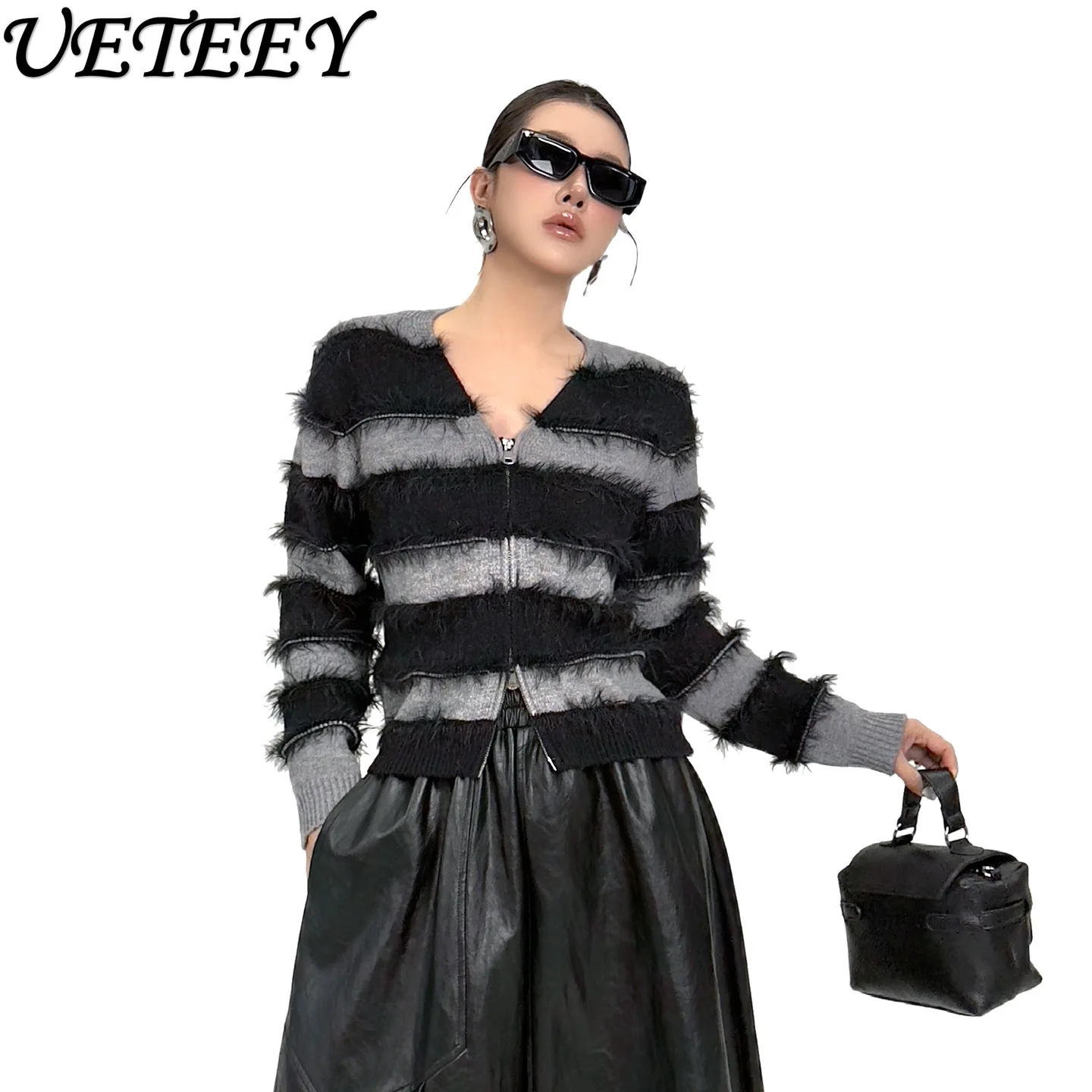 

Европейский нишевый полосатый свитер с цветными блоками для женщин, осенне-зимний винтажный универсальный вязаный кардиган на молнии с v-образным вырезом