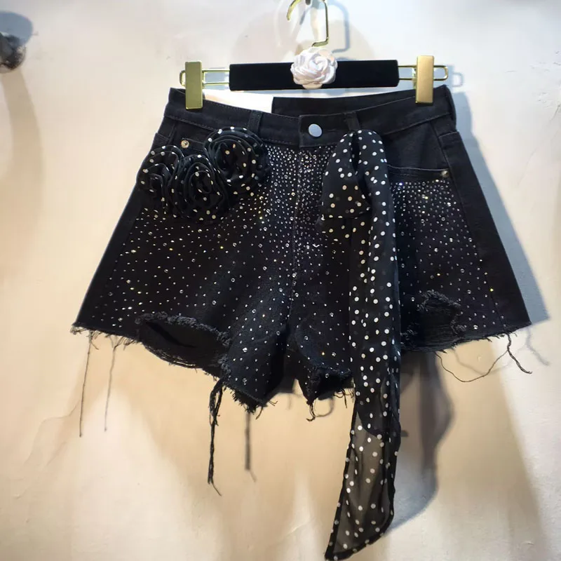 

2025 Summer New Splicing Polka Dot Chiffon Flower Heavy Industry Hot Diamond High Waist Thin Brushed Ripped Denim Shorts Women