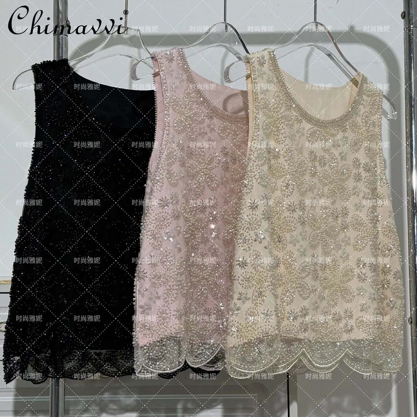 

Модный женский летний топ без рукавов с пайетками и жемчугом, новинка, с круглым вырезом, легко сочетается, сексуальный, для выступлений