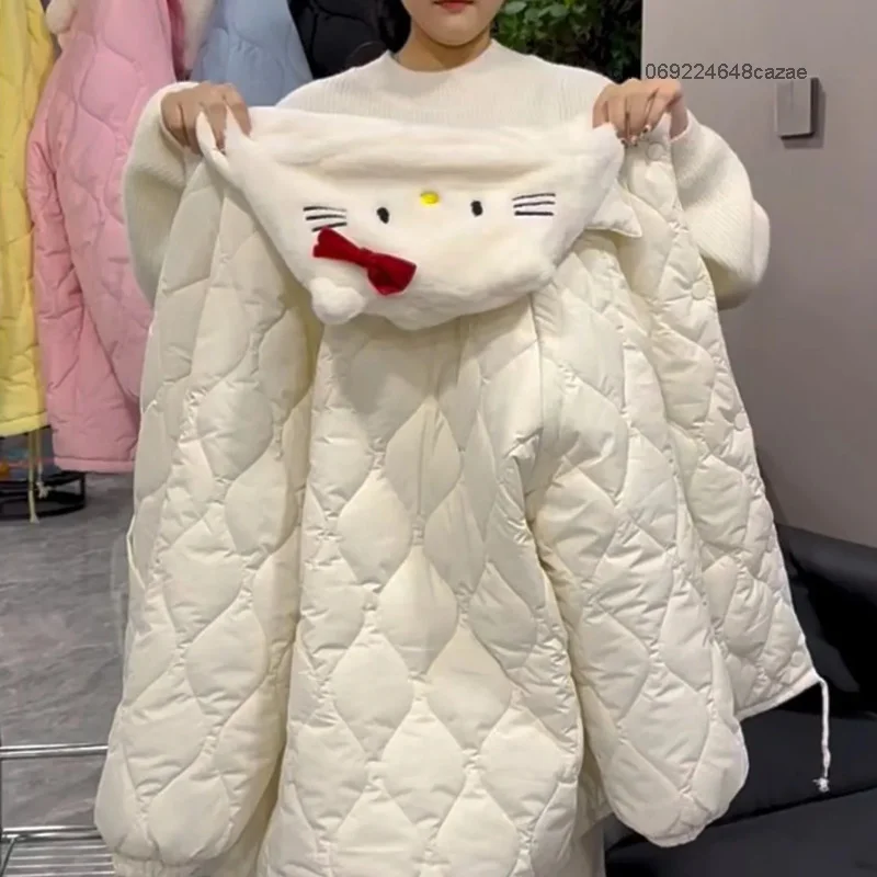 Casaco de pelúcia Sanrio Hello Kitty feminino, roupas acolchoadas de algodão quente, casaco com capuz destacável, tops fofos dos desenhos animados, novo luxo Y2K, inverno