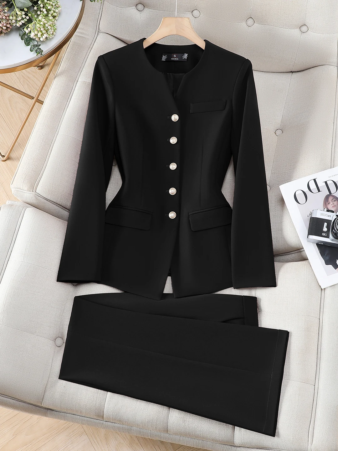 Business Casual Women's Two-Piece Suit Set Commute Professional Slim Fit Flared Pants Long Sleeve Polyester Fiber