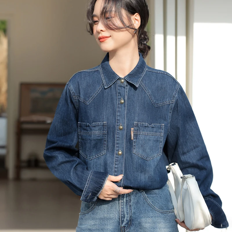 Gidyq-Chemises en denim à manches longues pour femmes, streetwear, mode coréenne, chemisier femme adt, printemps décontracté, tout match, bouton en métal