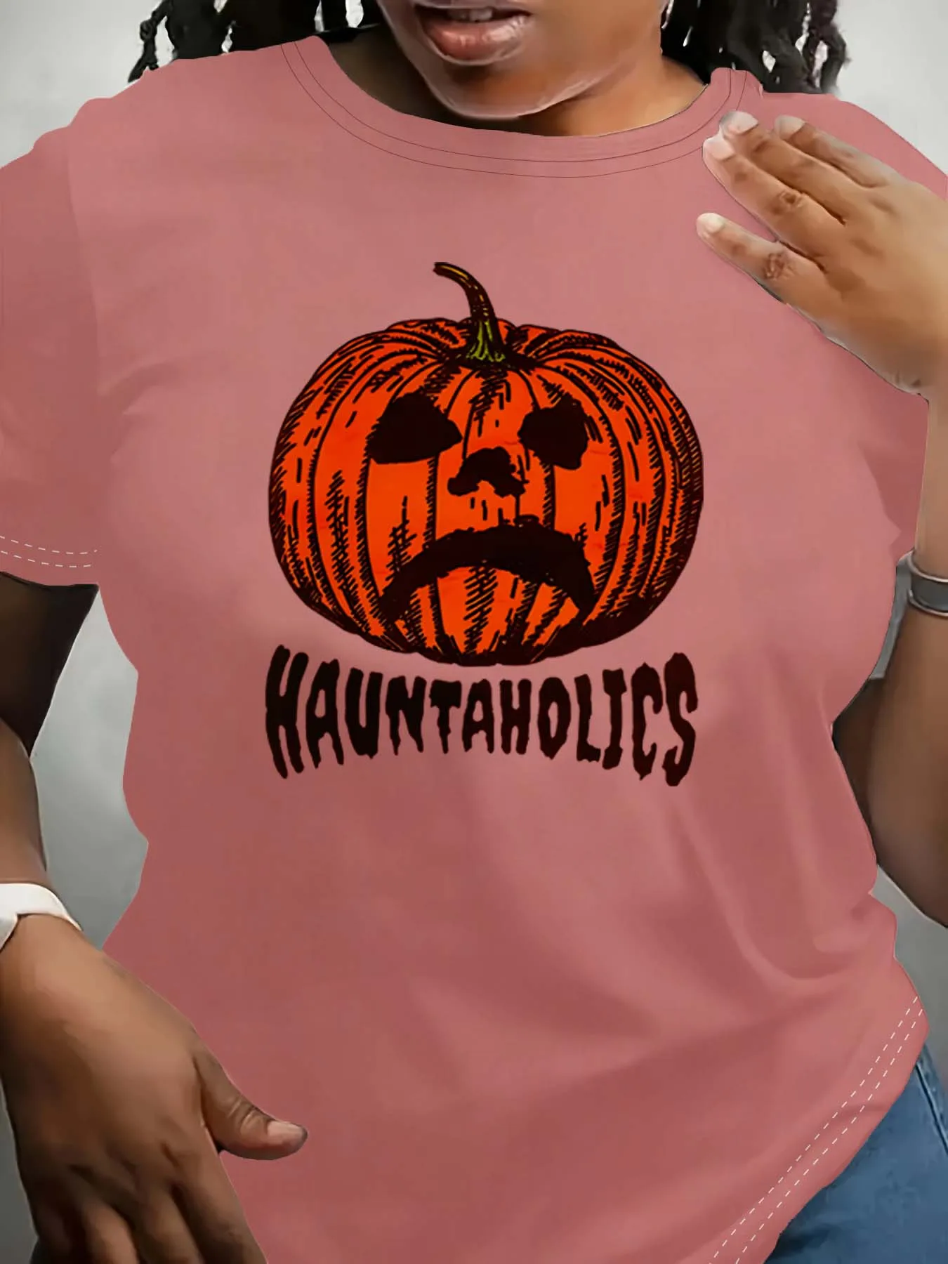 Traje de moda com rosto de abóbora com tema Hauntaholics plus size