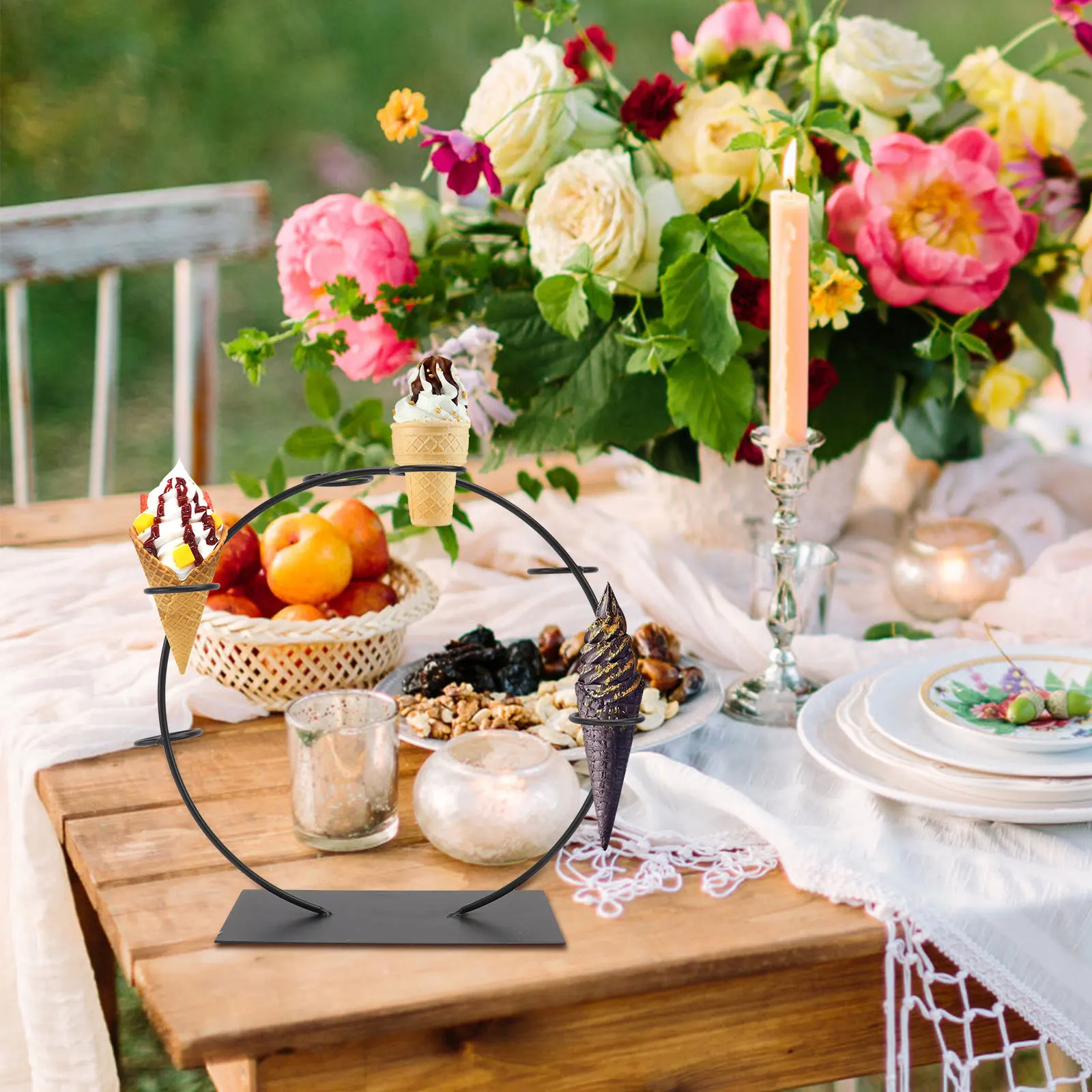 1 قطعة طاولة الحلوى الزفاف الحديد رف شاشة 6-فتحة الآيس كريم مخروط أسود قاعدة مستقرة تصميم أنيق لسوق الحفلات