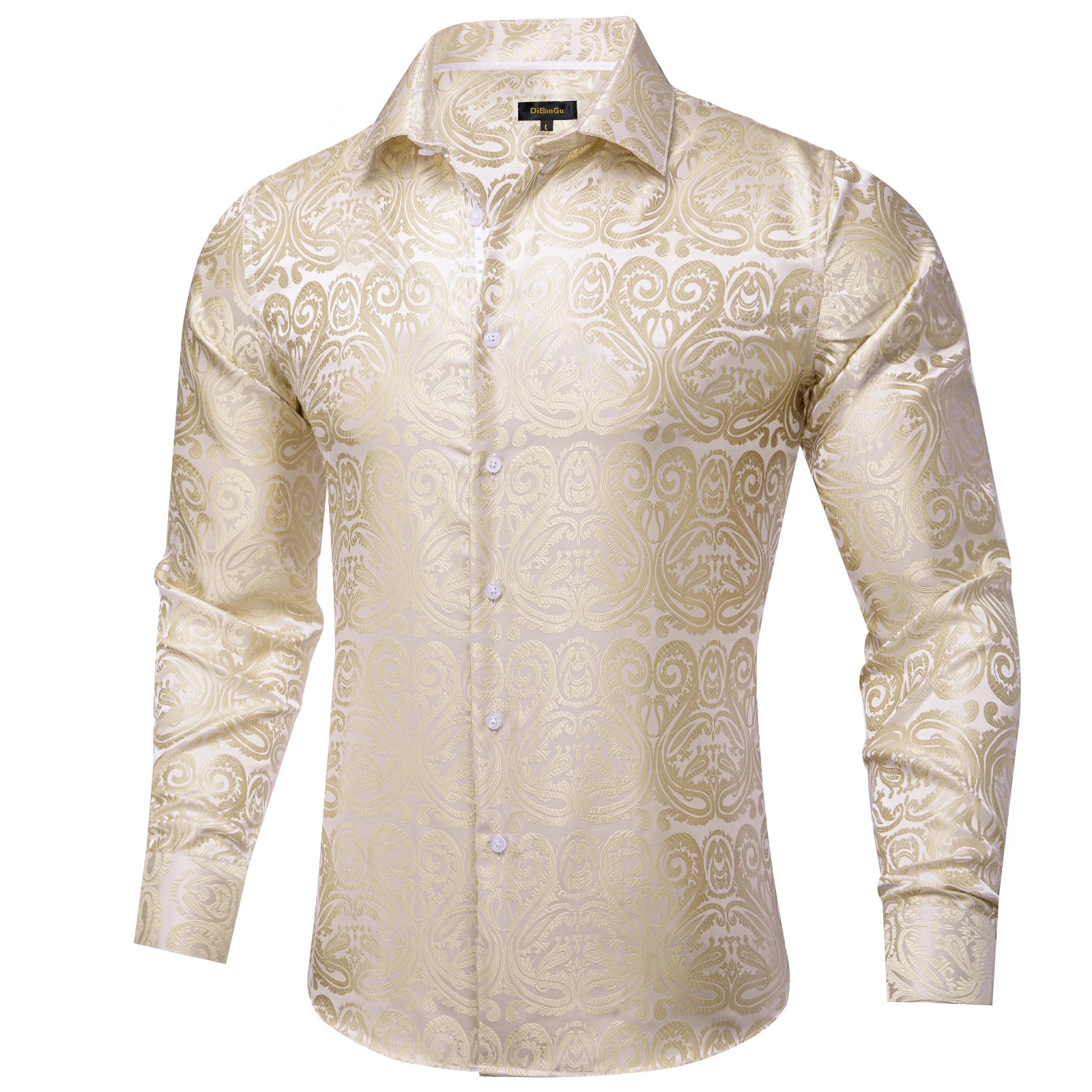 Beige Paisley Solid Silk Polyester Luxury Long Sleeve Dress Shirts for Wedding Prom Turn Down Collar Shirt Brand Men Clothing