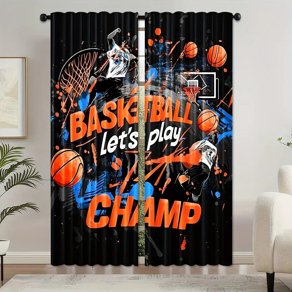 Basketball Player Curtains, Slam Dunk Graphic Window Drapes, Sports Theme Kids Room Decor, Blackout Fabric for Boys Bedroom