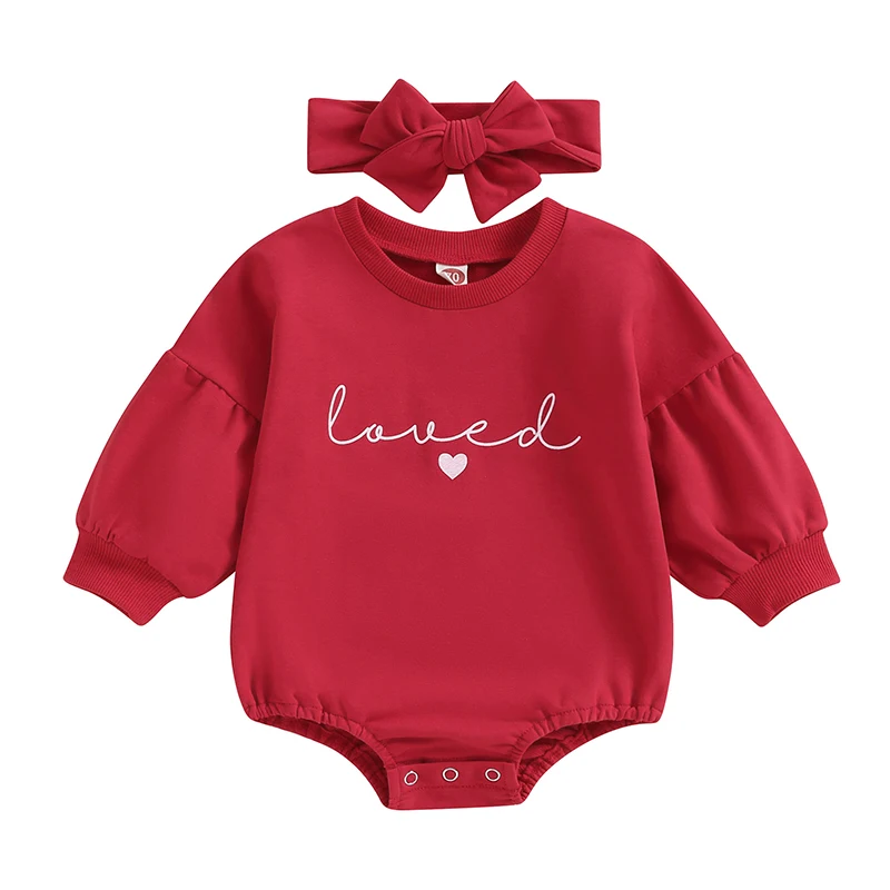 

0-18M Newborn Baby Girl Valentine's Day Outfits Long Puff Sleeve Heart Letter Print Romper with Headband Set Infant Clothes