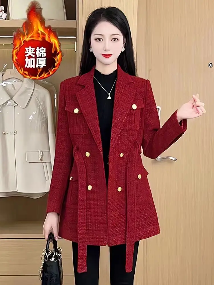 New Female Tweed Outerwear Spring Autumn Senior Sense Red Suit Jacket Lady Casual Blazer Office Professional Women\'s Clothing