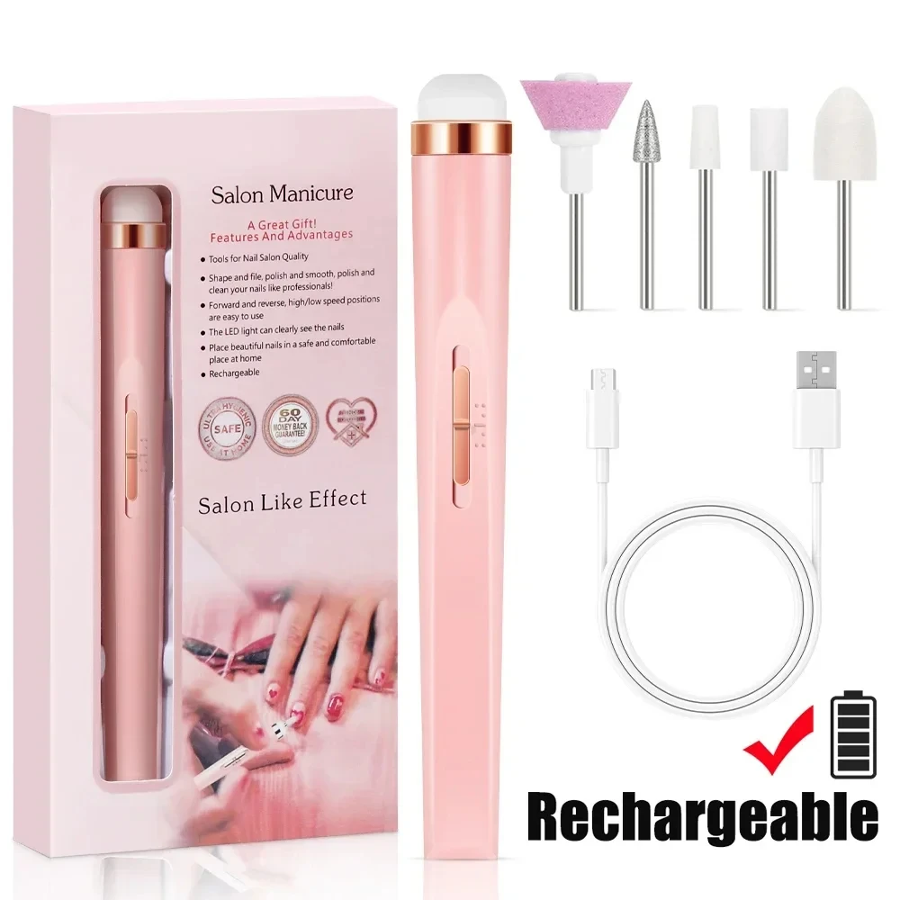 5 in 1 Electric Nail Drill Kit Rechargeable Cordless Portable Manicure Polish Grinding Tool for Gel Remover Nail Art
