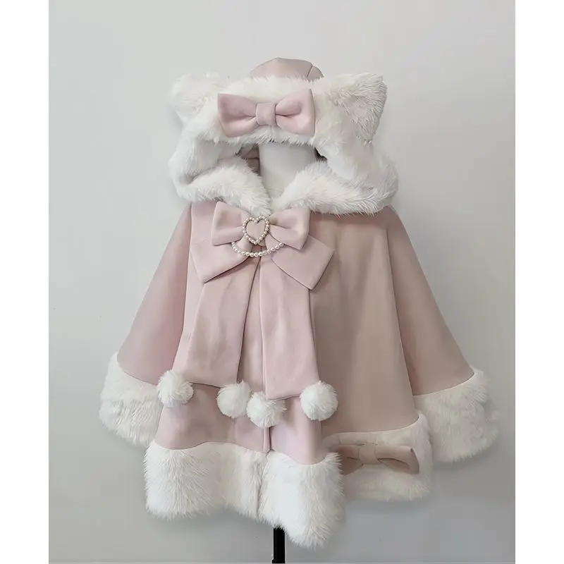 

Japanese Lolita sweet and cute hooded cape womens bow solid color cape coat warm fashionable and sweet autumn and winter coat