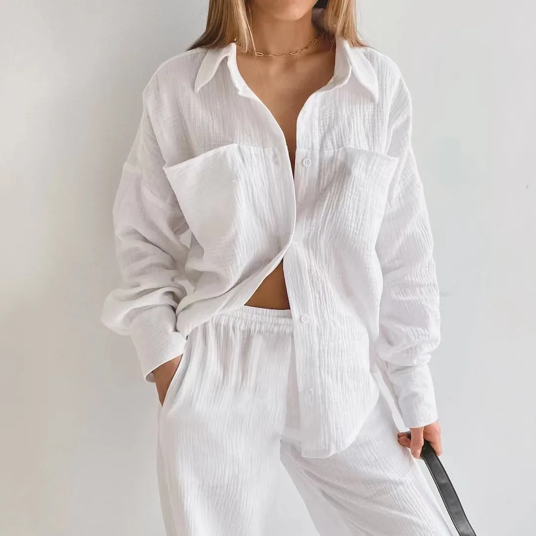 Get Comfy with our 100% Cotton Double-layer Gauze Pant Set with Pockets/Long Sleeves/Long Pants for Women – New Arrival