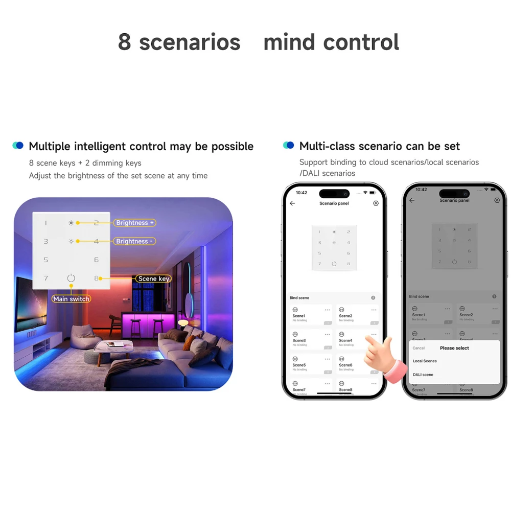 LTECH Bluetooth5.2 DMX512 2-in-1 Scenario Panel 8 Button Touch Panel Dimming Funtion Supports Bluetooth DMX Driver 86 back BOX