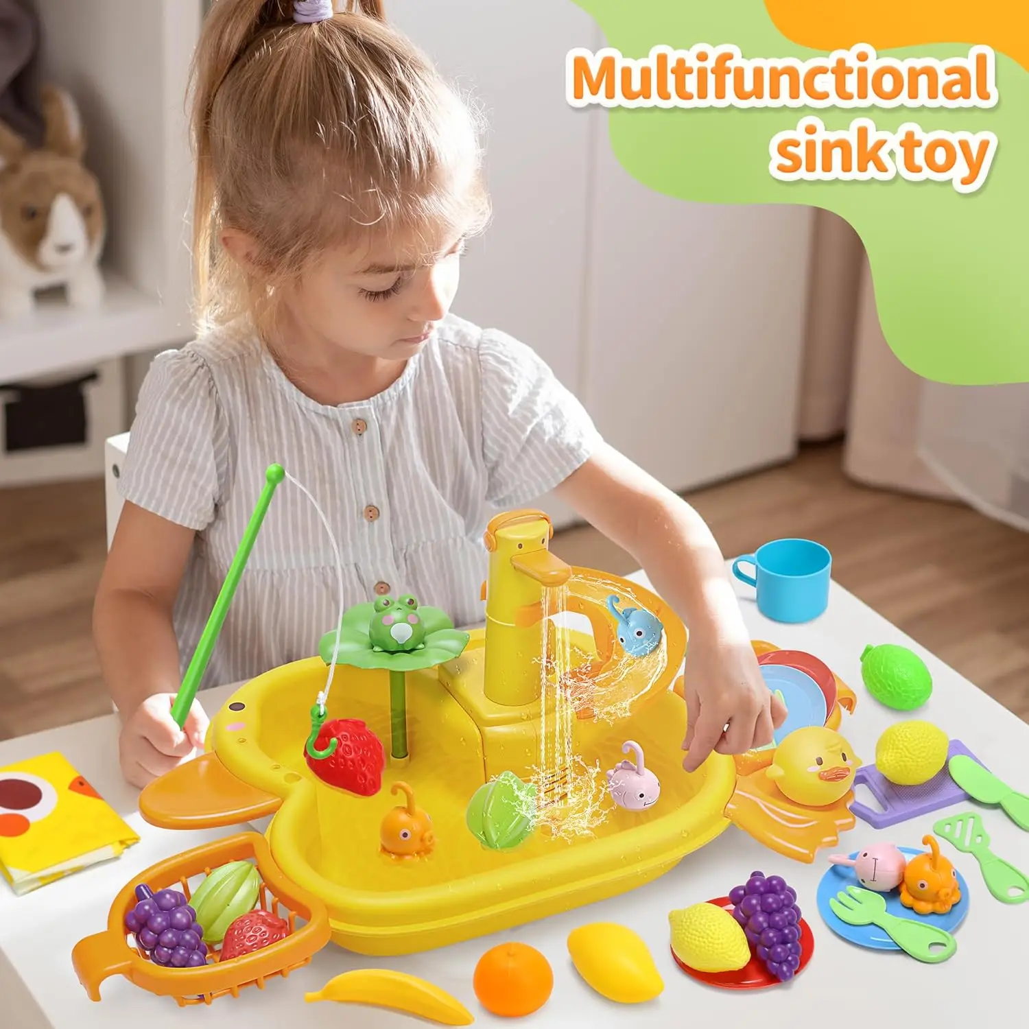 CUTE STONE Fregadero de juego con agua corriente y grifo eléctrico, juguetes de cocina para niños