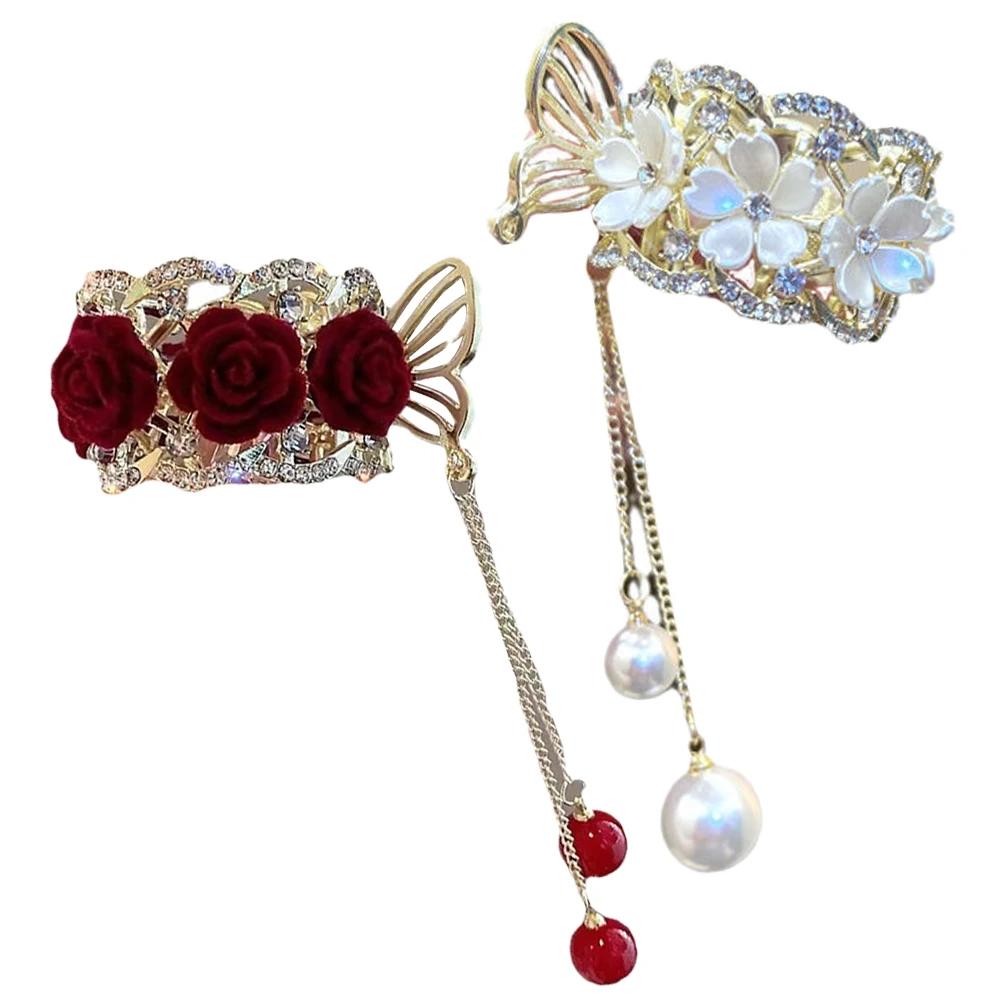 

2pcs Rose Clip Tassel Ponytail Clips Small Claw Cuff for Women Alloy Accessories Hair Care Styling Thin Thick Hair Wedding Party