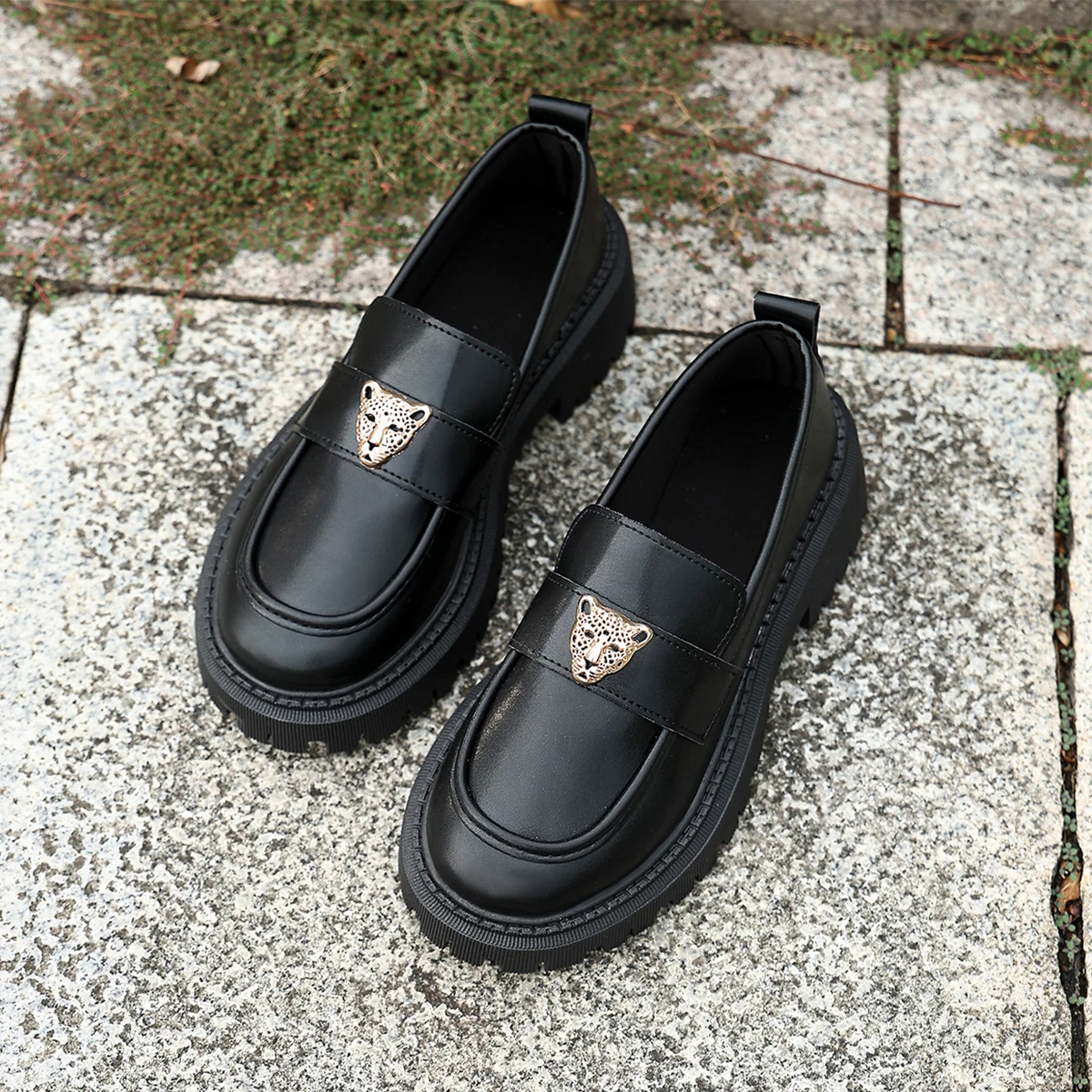 

Fashion Platform Mid-heel Pumps Women's British Loafers Leopard Metal Button Black Leather Shoe Thick-soled Slip-on Casual Shoes