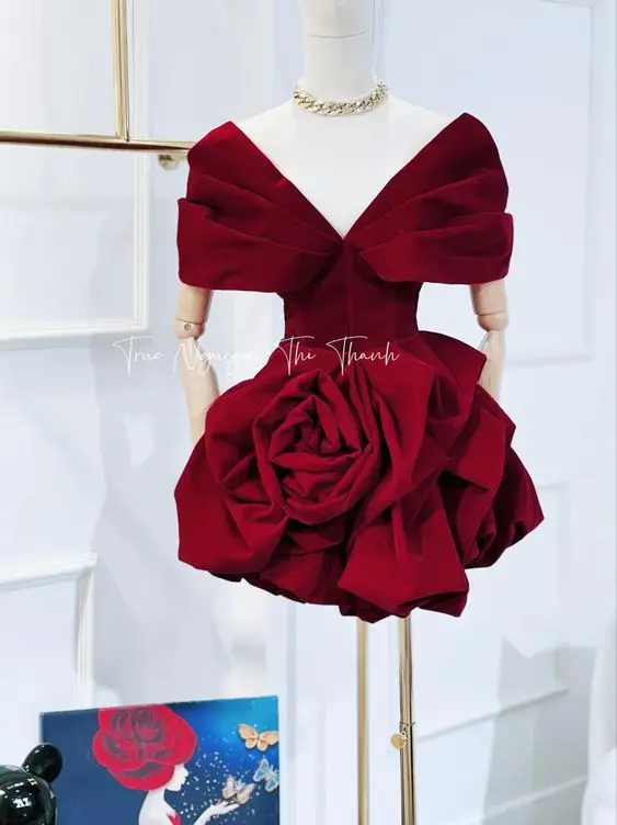 Beautiful Rose Red Women Short Dresses With Handmade Flower Detailes Bubble A-line Mini Maxi Dress To Party