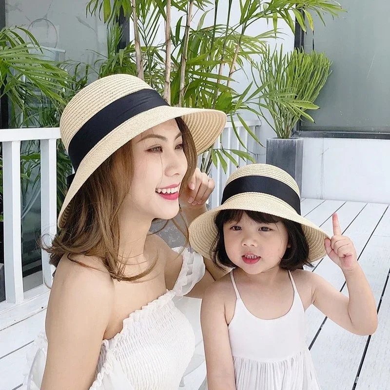 2pcs Summer Sun Protection Hat for Mother&Kid Travel Sunscreen Sun Hat Straw Hat Children\'s Korean Version Girls Beach Dome Hat