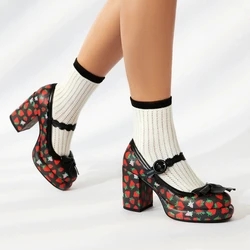 Princess Lolita Girls Mary Janes Women Sweet Party Dress Cosplay Wedding Pumps Block High Heels Strawberry Shoes Plus Size 34-43