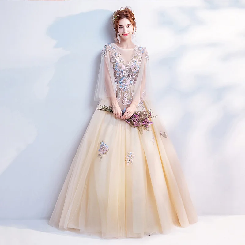 Autumn new light gold bridal long sleeve dinner art test banquet performance bridesmaid dress