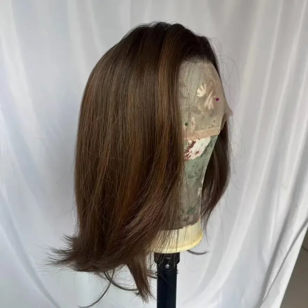 Highlight Brown Free Part Straight 16” Glueless 5x5 Silk Base Jewish Human Hair Wig Baby Hair HD Lace European Hair Preplucked