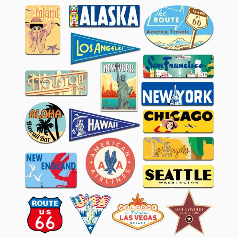 19Pcs Retro American City Travel Stickers High-end Luggage Decorative Decals Laptop Fridge Skateboard Motor Waterproof Pegatinas