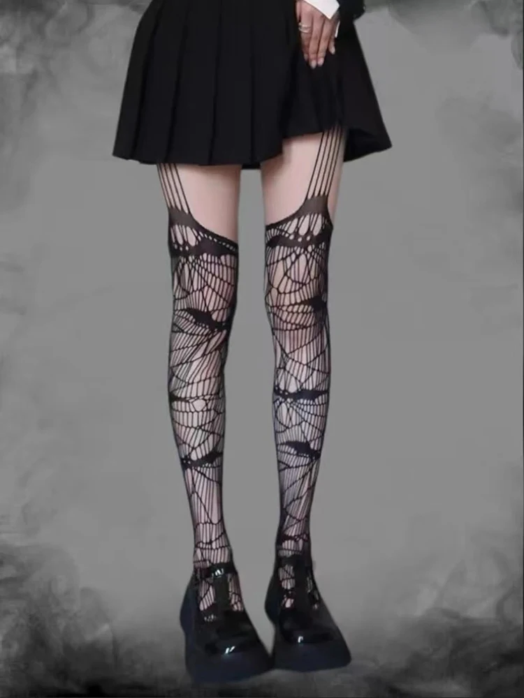 RORORIRI Bat Pattern Fishnet Tights Women Stockings Dark Punk Gothic Black Solid Hollow Suspender Pantyhose Halloween Costumes