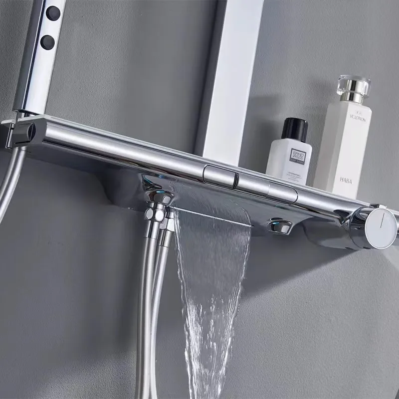 Imagem -03 - Bath Shower Torneiras Conjunto Latão Mixer Hot & Cold Torneiras Temperatura Constante Cachoeira Prata Branco Gun Grey Wall Mount Novas Chegadas